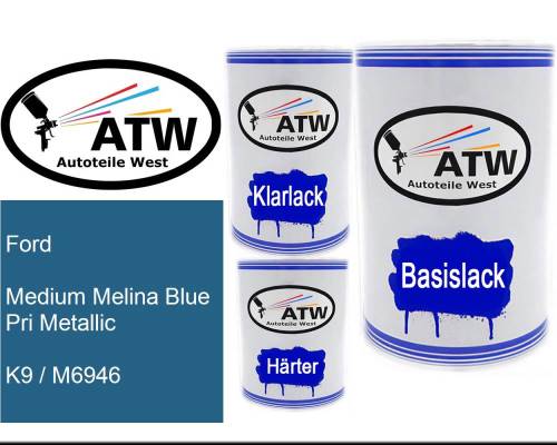 Ford, Medium Melina Blue Pri Metallic, K9 / M6946: 500ml Lackdose + 500ml Klarlack + 250ml Härter - Set, von ATW Autoteile West.